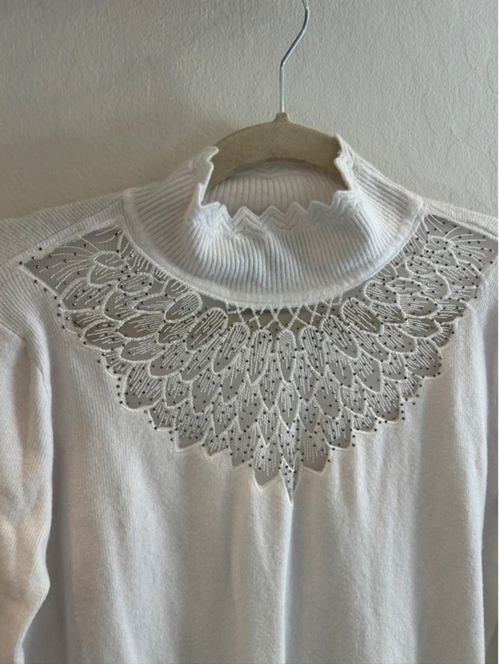 Y2K Knit Cream Rhinestone Mesh Turtleneck Long Sleeve
